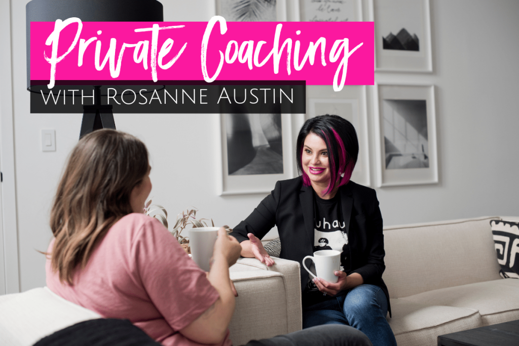 Rosanne talking to female client. Text above says "Private Coaching with Rosanne Austin"